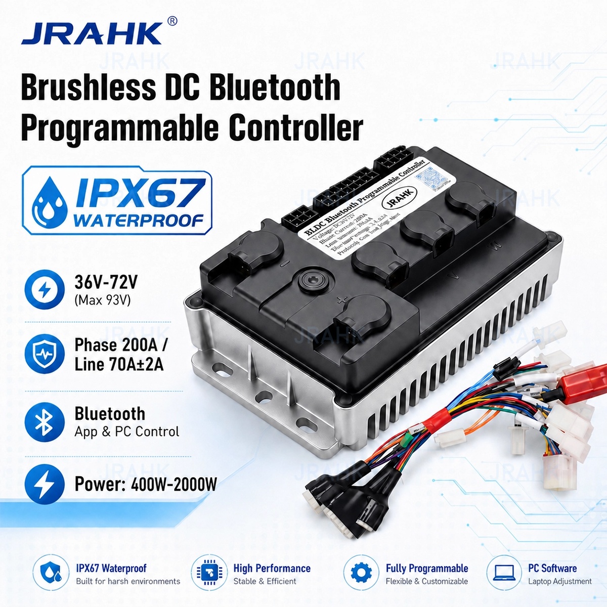 Kelly Kls7230S Controller - JRAHK 36V-72V BLDC บลูทูธตัวควบคุมมอเตอร์แบบตั้งโปรแกรมได้ 70A ไซน์เวฟสำหรับฮับ